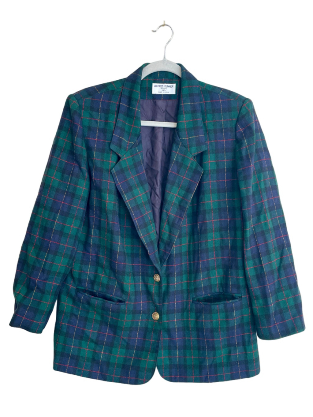 Vintage Alfred Dunner 12P Green Navy Tartan Plaid Wool Blazer Made USA
